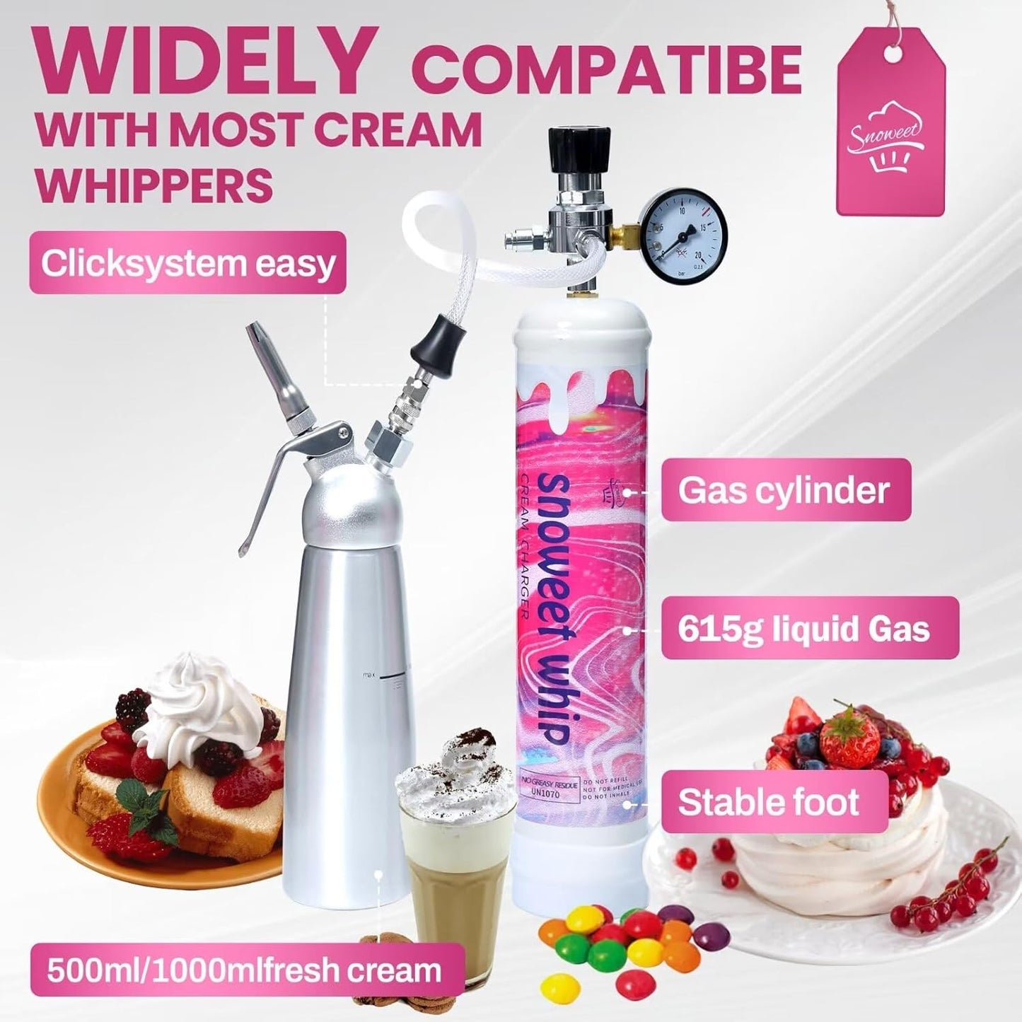 
                  
                    Snoweet Whipped Cream Chargers Sturdy Base Steel Whipped Cream Tanks 0.95L 615Food Grade Tanks , Nitrous Oxide Whipped Cream, N2O Gas Whip Cream Charger(Rainbow Candy Flavor 2 Cylinders)
                  
                