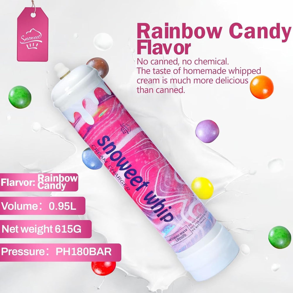 Snoweet Whipped Cream Chargers Sturdy Base Steel Whipped Cream Tanks 0.95L 615Food Grade Tanks , Nitrous Oxide Whipped Cream, N2O Gas Whip Cream Charger(Rainbow Candy Flavor 2 Cylinders)
