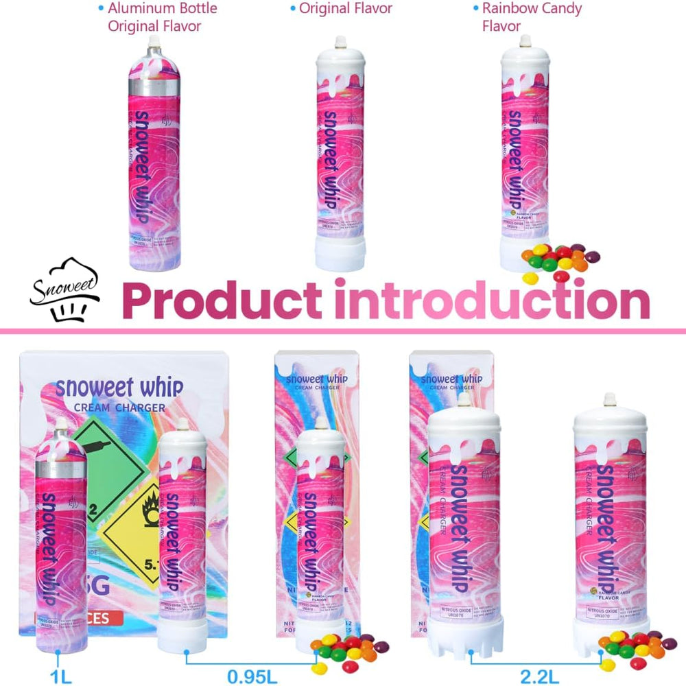 
                  
                    Snoweet Whipped Cream Chargers Sturdy Base Steel Whipped Cream Tanks 0.95L 615Food Grade Tanks , Nitrous Oxide Whipped Cream, N2O Gas Whip Cream Charger(Rainbow Candy Flavor 2 Cylinders)
                  
                