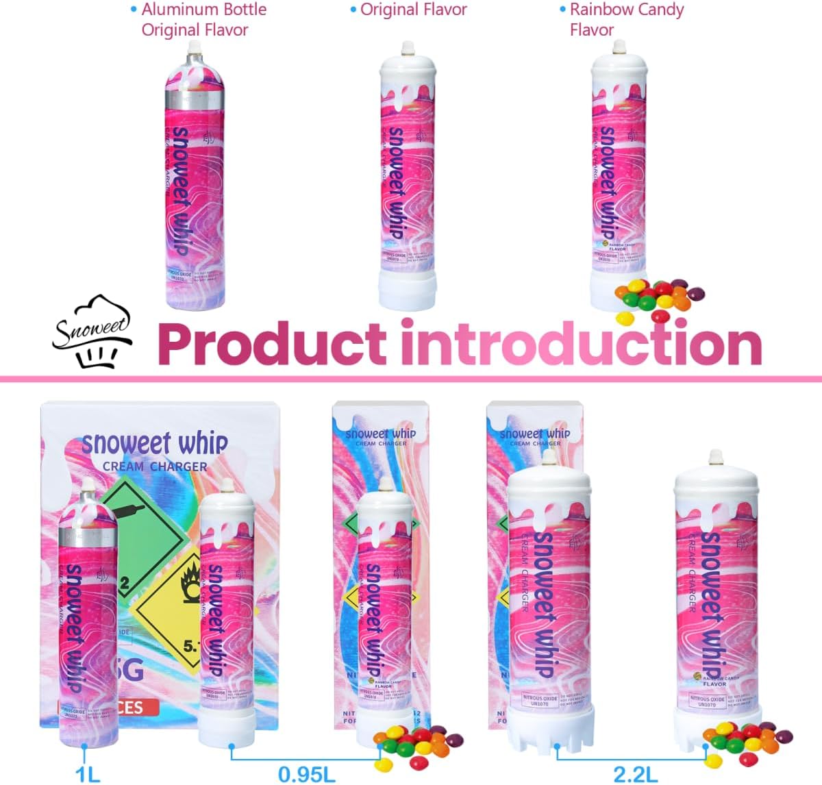 
                  
                    Snoweet Whipped Cream Chargers Sturdy Base Steel Whipped Cream Tanks 0.95L 615Food Grade Tanks , Nitrous Oxide Whipped Cream, N2O Gas Whip Cream Charger(Rainbow Candy Flavor 2 Cylinders)
                  
                
